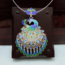 Xijiang Miaozhai brushed inlaid glaze Cloisonne pendant Vintage court silver jewelry Big Peacock Tanabata gift