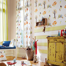 German original imported wallpaper non-woven childrens male and female baby room cute animal background with striped plain color wallpaper