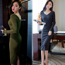 2020 Spring and Autumn new long sleeve knitted dress knee slim vneck split hip bottom long sweater women