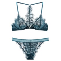 Lady front button ultra-thin lace sexy triangle cup bra suit with beauty back and transparent temptation big code lingerie bra