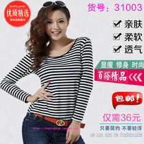 Large size Wanbang fox black and white striped t-shirt large elastic modal cotton slim fit womens long-sleeved round neck bottoming shirt