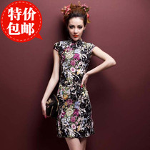 Daily cotton linen cheongsam skirt improved fashion Chinese vintage print summer dress elastic cheongsam black vine flower