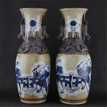 Cultural Revolution Factory carved blue and white baby play picture flower basket bottle a pair of ancient porcelain collection antique retro ornaments