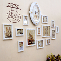  European-style wall clock photo wall Solid wood carved photo frame wall creative clock living room bedroom combination photo wall ]