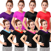 Short-sleeved front and rear V-neck jacket square dance costume summer jacket Latin dance practice clothing womens top