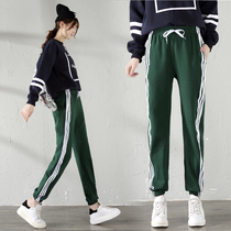 Suitable for thigh Root thick pants autumn three bar sports pants womens tide spring and autumn large size loose thin fat mm