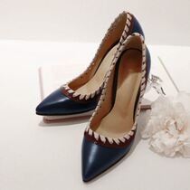 Korea handmade custom cow leather collage with elegant temperament blue pointed high heel shoes