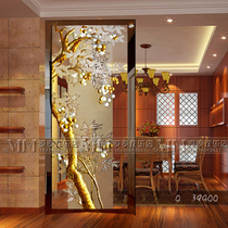 Art glass deep carving paste gold leaf craft glass screen partition entrance sliding door double-sided effect apple tree