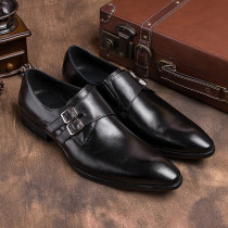 British mens pointed-toe shoes double buckle iron leather European version wedding partner groom monk Mengke horseshoe buckle leather shoes
