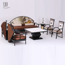 New Chinese modern three-person single full solid wood sofa fabric printing combination antique coffee table living room hotel furniture