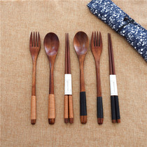 Japanese log eating spoon spoon wooden long handle wooden spoon Fork chopsticks tableware set household spoon soup spoon