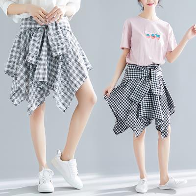 2020 Summer new ins Super fire cotton linen irregular skirt belt shirt chi plaid skirt