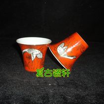 Jingdezhen Cultural Revolution Factory goods Porcelain Powder Color Hand-painted Sand Red Sketch Golden Pine Crane Yanan Cup tea cup bag old