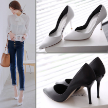 Black High heel Shoes Bull Leather Wedding Shoes Fine Heel Pointed Single Shoes White Bridesmaid Shoes 33 Yard Size Yard Spring Summer Girls Shoes