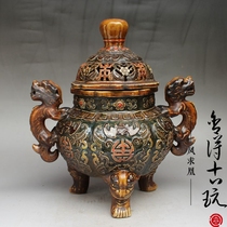 Jingdezhen Ceramic Ware Color Drawing Three Foot Grain Dragon Double Ear Smoked Incense Stove Porcelain Stove Imitation Ancient Make Old Boutique Porcelain Pendulum