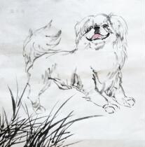 Pure hand-painted traditional Chinese painting decorative painting literati painting dog dog three foot bucket