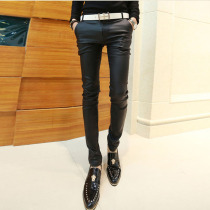 2020 winter youth casual tight leather pants mens Korean slim-fit hair stylist motorcycle small feet velvet pants