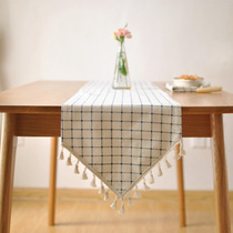 Mediterranean pastoral country tassel cotton linen tablecloth Japanese Nordic blue and white check cabinet towel Retro tea mat thickened simple