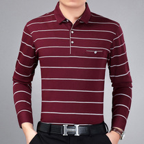 Spring Autumn Straight Barrel Middle-aged Long Sleeve T-shirt Male Pecking Wood Peck In Old Age Mens Dress Striped Real Pocket Cotton T-shirt Dad Dress