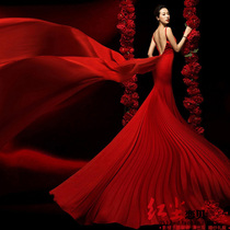  Studio theme clothing new red big tail dress couple photo deep V-neck big dew