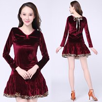 Square dance costume suit Autumn and winter new gold velvet short skirt dance suit Latin dance long sleeve performance suit womens skirt