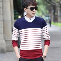 Tide men autumn and winter stripes cardigan mens shirt collar sweater youth pullover Korean version fake two pieces of slim sweater