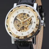 WINNER three-pin automatic hollowed-out double water drill gear back overdraft male and female casual mechanical belt watch D121