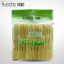 Double gun disposable bamboo fruit fork fruit sign family hotel fruit sticker cake fork bamboo fork set