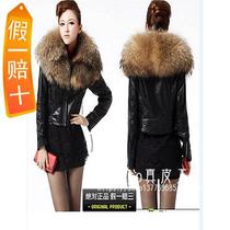 Locomotive leather clothing womens sheep leather short slim raccoon wool collar and cotton fur coat