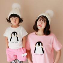 Parent-child summer Korean cartoon Penguin family dress mother and daughter dress Foreign style girls Pink pure cotton short-sleeved T-shirt