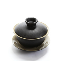 Mingfeng Ceramic Kung Fu Tea set Zen style black cover bowl Black pottery tea bowl Porcelain Three-cai bowl Kung Fu tea cover bowl Tea set
