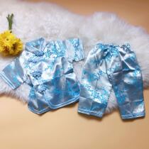 Clearance price beautiful childrens short sleeve Tang suit handmade plate buckle tender sky blue plum blossom