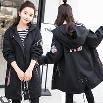Large size womens 2021 new spring and autumn cardigan windbreaker fat sister 200 Jin embroidery letter medium long coat