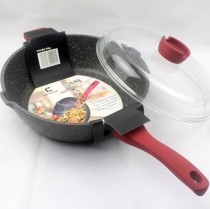 German Maifan stone 28CM non-stick flat-bottomed wok fried fish without fume frying pan High borosilicate glass cover electromagnetic pass