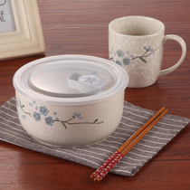 Yatai Japanese-style household bento box with lid Lunch box Snowflake porcelain large fresh-keeping bowl Instant noodles cup Water cup set Free chopsticks