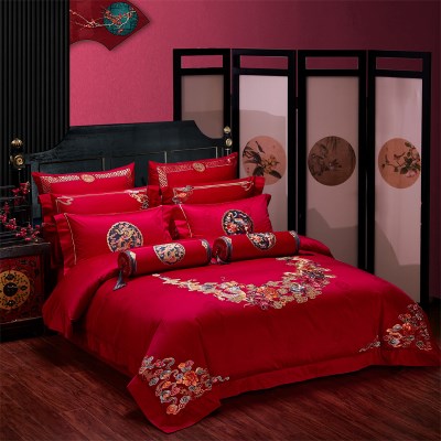 Four 140 stalls knot Dragon Fengqing pieces red embroidery bed marriage set long accompany velvet cotton branch marriage Thorn cotton big products all high