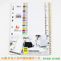 A4 loose leaf index Paper 31 pages ivory split paper PP plastic partition paper sorting paper 11 holes English version