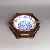 Big red sour branch ashtray hexagonal inlaid blue and white porcelain tobacco set solid wood carving mahogany crafts ornaments