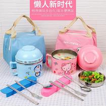 Childrens fast food Cup Primary School students stainless steel insulation double lunch box carrying pot cartoon rice bowl chopsticks spoon tableware set