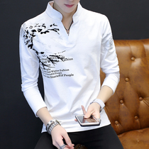 2021 Spring New Korean slim mens tide spring autumn mens shirt collar T-shirt cotton long sleeve T-shirt