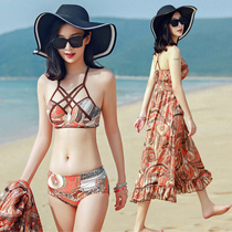 Bikini three-piece swimsuit female conservative ins wind small chest gathered thin cover belly sexy Korean sub-body spring