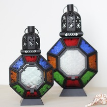 Gossip Moroccos European-style iron art colourful glass windproof lamp wax candle holder Home Garden Terrace Bar Adornment
