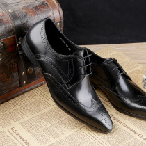 British European and American mens pointed toe lace brogue hollow carved non-Chengdu leather shoes business dress three-section yellow