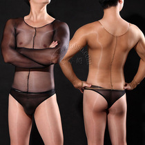 Ultra-thin transparent shiny glitter stockings top Mens long-sleeved stockings bottoming clothes Sex rompers stockings 9003
