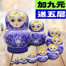 Matryoshka Russia 10-layer imported pure end wood ten-layer pure hand-painted blue and white dot pattern childrens gift 02