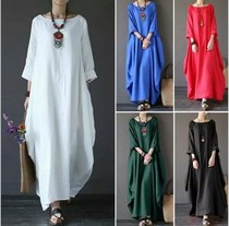 {Original quality is good}Amazon loose plus size cotton and linen knee-length skirt dress long-sleeved fashionable womens large neckline