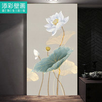 Restaurant box wallpaper Chinese style lotus Golden Zen Lotus porch mural non-woven wall cloth wall cloth custom