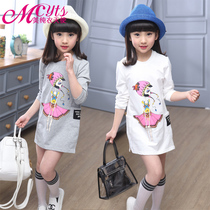 Girls  T-shirt 2021 new autumn childrens middle and large childrens middle and long cotton base Foreign style long-sleeved base shirt jacket