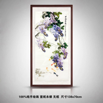 Pure hand-painted original Chinese painting flowers and birds ink painting guest restaurant decoration calligraphy painting four feet vertical goldfish wisteria six fish picture