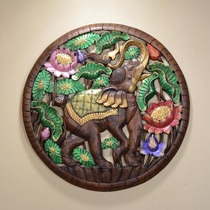 Thai imported wooden crafts 90cm round teak carved board wall decoration pendant elephant wall decoration